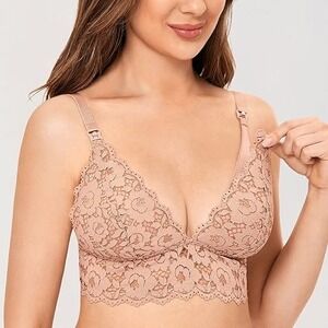 Momanda Women Pink Floral Lace Nursing Bralette Wireless Maternity Bra 34E A083A